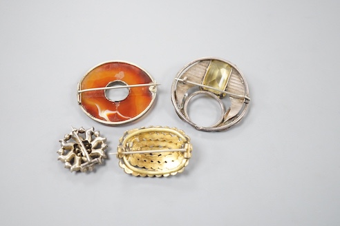 Four assorted Victorian and later brooches including agate set, 45mm.